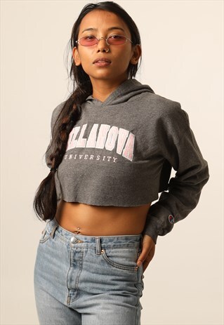 VINTAGE CHAMPION EMBROIDERED COLLEGE CROPPED HOODIE
