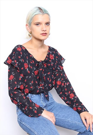 VINTAGE 80S RUFFLE FLORAL PRINT OVERSIZED SHIRT
