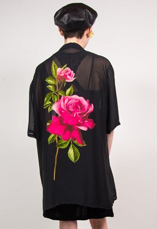 VINTAGE 90'S BLACK SHEER FLORAL PRINT SHIRT BLOUSE