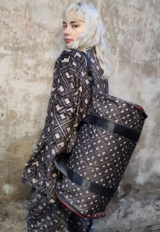 69 PRINT DUFFEL BAG RETRO LOGO SPORTS WEEKENDER BAG IN BROWN