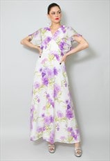 70's Vintage Ladies White Purple Fluted Sleeve Maxi Dress