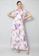 70's Vintage Ladies White Purple Fluted Sleeve Maxi Dress