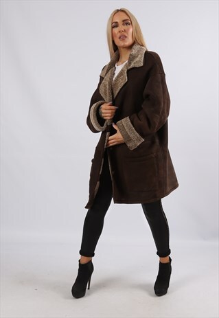 VINTAGE SHEEPSKIN SUEDE SHEARLING COAT MID UK 20 3XL (JK1R)