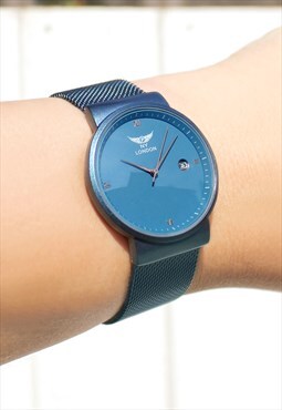 Metallic Blue Mesh Watch with Date