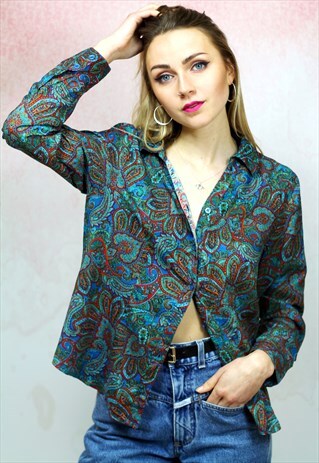 1980S VINTAGE GREEN PAISLEY LONG SLEEVE VISCOSE BLOUSE
