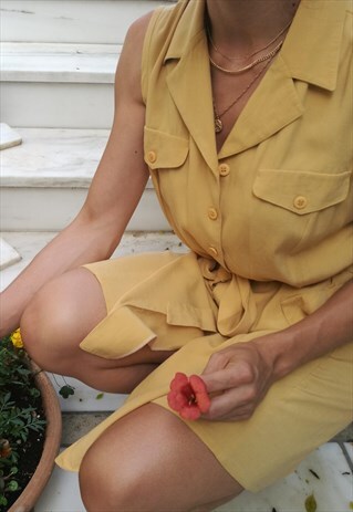 VINTAGE 90S LINEN BELTED BUTTON UP MIDI DRESS IN YELLOW