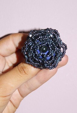 90s Vintage Beaded Navy Rose Flower Unique Ring