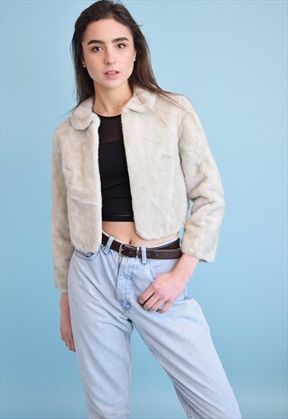 90'S RETRO FAUX FUR NEUTRAL CROPPED JACKET