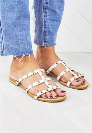 POLLY WHITE STUDDED MULE SANDALS WITH GOLD ROCKSTUDS