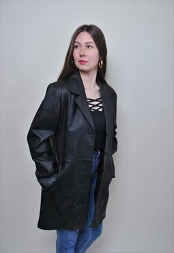 80s leather jacket, women vintage leather blazer black color