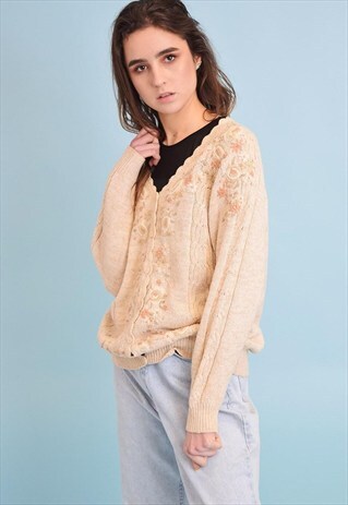 80'S RETRO KNIT FLORAL EMBROIDERY NEUTRAL CARDIGAN