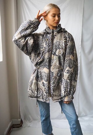 VINTAGE LEOPARD PRINT ZIP UP HOODED JACKET
