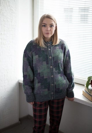 VINTAGE 80'S GREEN/PURPLE WOOL CARDIGAN