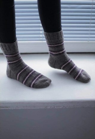 BROWN STRIPED HANDMADE KNITTED WOOL SOCKS