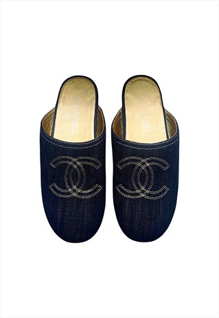 Chanel Clogs Slides CC Denim Wooden Mules UK 4 Vintage