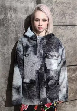 Tie-dye fleece jacket faux fur hooded bomber gradient coat 