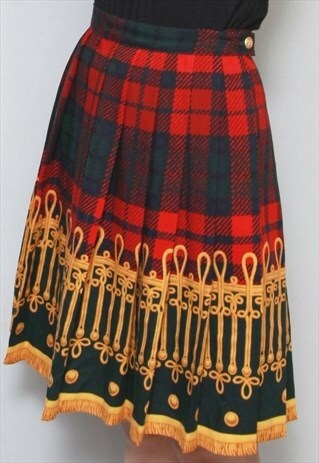 VINTAGE 1970'S PLEATED TARTAN BAROQUE CHECKED WOOL SKIRT