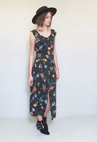 VINTAGE 1990'S BLACK COLOURFUL FLORAL PRINT MAXI DRESS