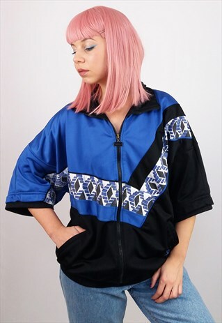 VINTAGE 90'S UNISEX SHORT SLEEVES TRACK JACKET BLUE BLACK