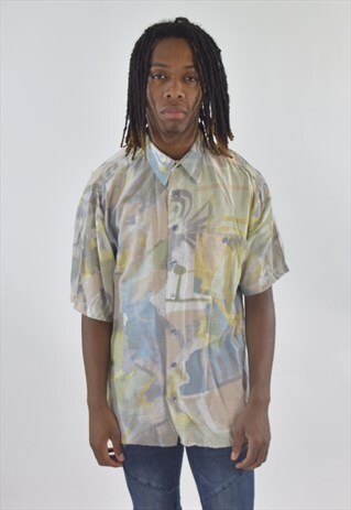 VINTAGE 90S GREEN BLUE ABSTRACT PATTERNED SUMMER SHIRT