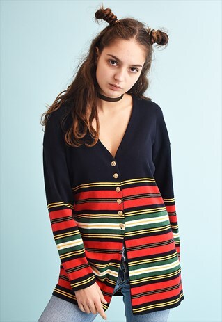80'S RETRO STRIPED PATTERN NAVY MOMS KNIT CARDIGAN
