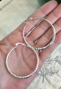 925 Silver Textured Design Hoop Earrings