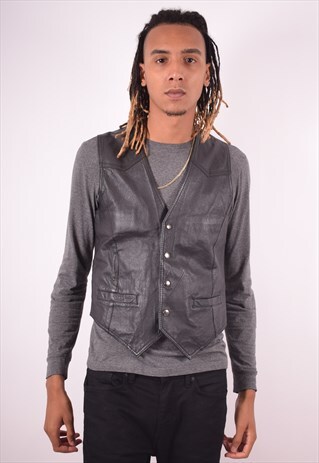 MENS VINTAGE LEATHER WAISTCOAT SMALL BLACK 90S