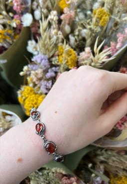 Vintage silver Bracelet boho floral Orange Amber