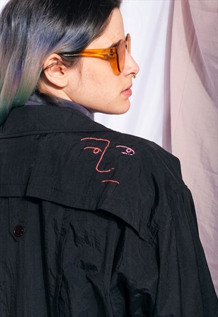 VINTAGE SAD FACE TRENCH COAT REWORKED EMBROIDERED JACKET