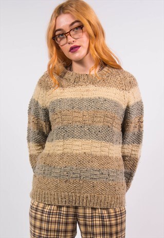 90'S VINTAGE CHUNKY KNIT STRIPED GRANDAD JUMPER