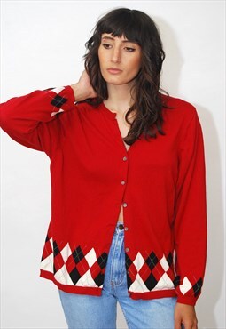 Argyle Print Cardigan (1X) vintage red y2k 2000s jumper top