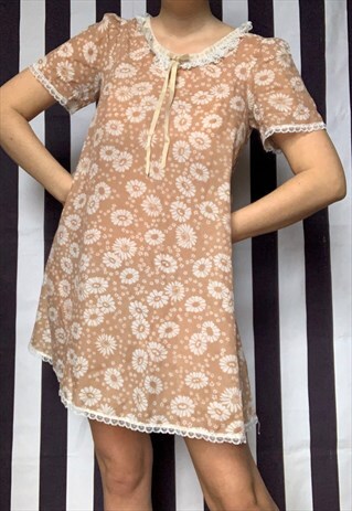 VINTAGE 70S FLORAL NIGHTIE, BROWN WHITE, LACE, UK8 SMALL