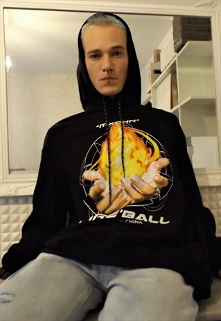 DROP SHOULDER FIREBALL BOX FIT TOP HAND PRINT FLAME HOODIE