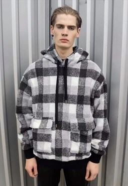 Tartan fleece hoodie fluffy check pullover in grey SKA print