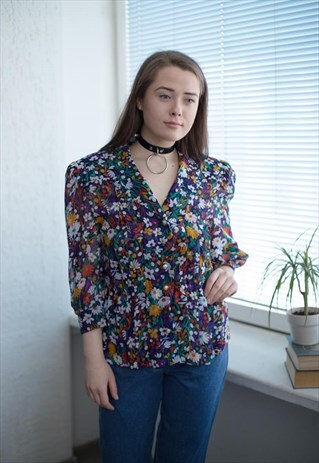 VINTAGE 70'S MULTICOLOUR FLOWER PRINT BLOUSE