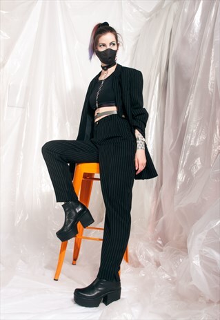 VINTAGE SUIT 90S PINSTRIPED BLAZER TROUSERS GIRLBOSS SET