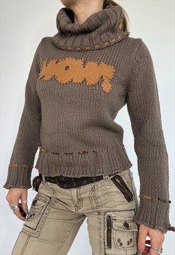 Vintage 90s Jumper Knit Sweater Chunky Turtle Neck Y2k Brown