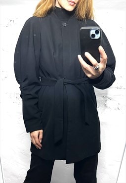 Black Waisted Midi Jacket With Ruffled Sleeves - S