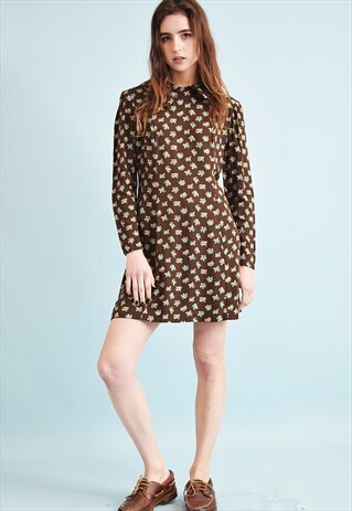 STUNNING 60'S RETRO TWIGGY FLORAL PRINT MINI DRESS