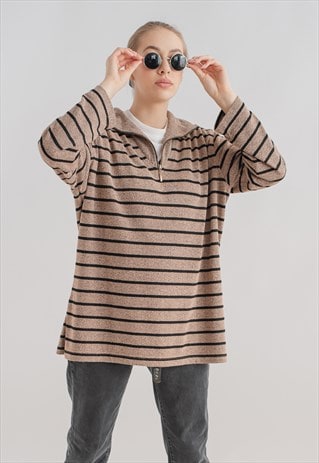 VINTAGE 90S OVERSIZED BOXY FIT HALF ZIP UP STRIPED JUMPER L