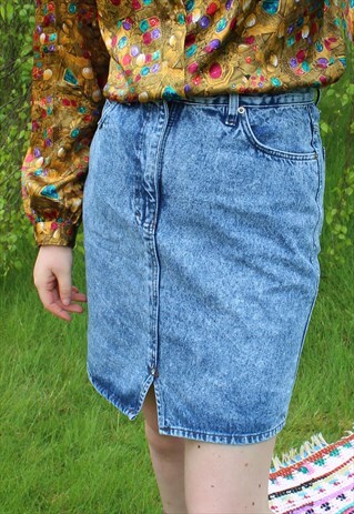 VINTAGE 90'S DENIM MINI SKIRT LIGHT BLUE ACID WASHED SUMMER