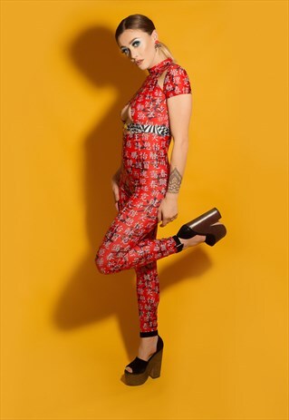 RED PATTERNED CLIP CATSUIT