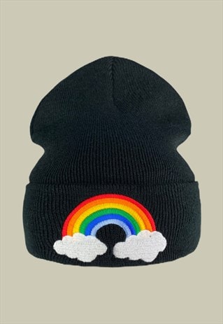 RAINBOW CLOUD PRIDE EMBROIDERED BEANIE HAT IN BLACK