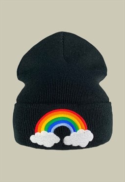 Rainbow Cloud Embroidered Beanie Hat in Black