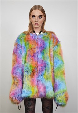 Rainbow faux fur jacket collarless rave festival overcoat