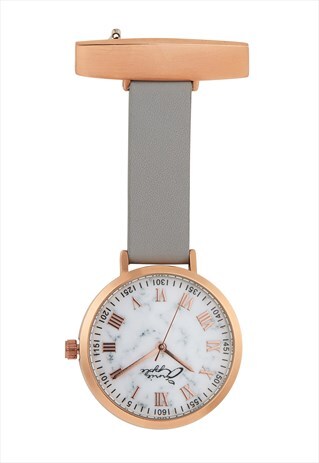 Annie Apple Marble Rose Gold Grey Leather Nurses Fob Watch