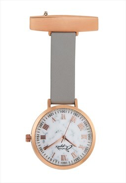 Annie Apple Marble Rose Gold Grey Leather Nurses Fob Watch