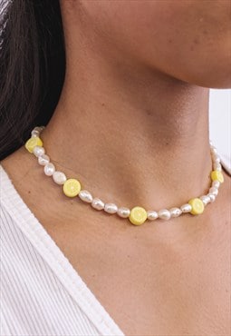 Lemon Fruit Slice And Pearl Beaded Necklace 90s Y2K 