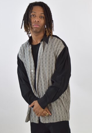 VINTAGE 90S BLACK GREY PATTERNED SILK SHIRT