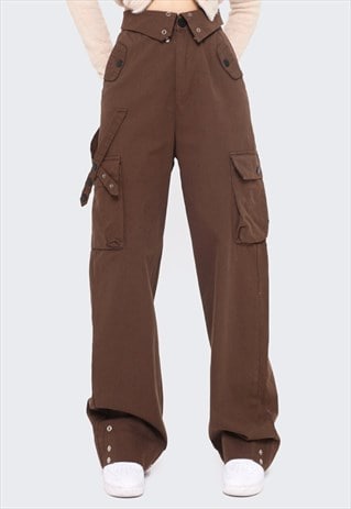 HIGH WAIST PARACHUTE JOGGERS CARGO POCKET PANTS IN BROWN